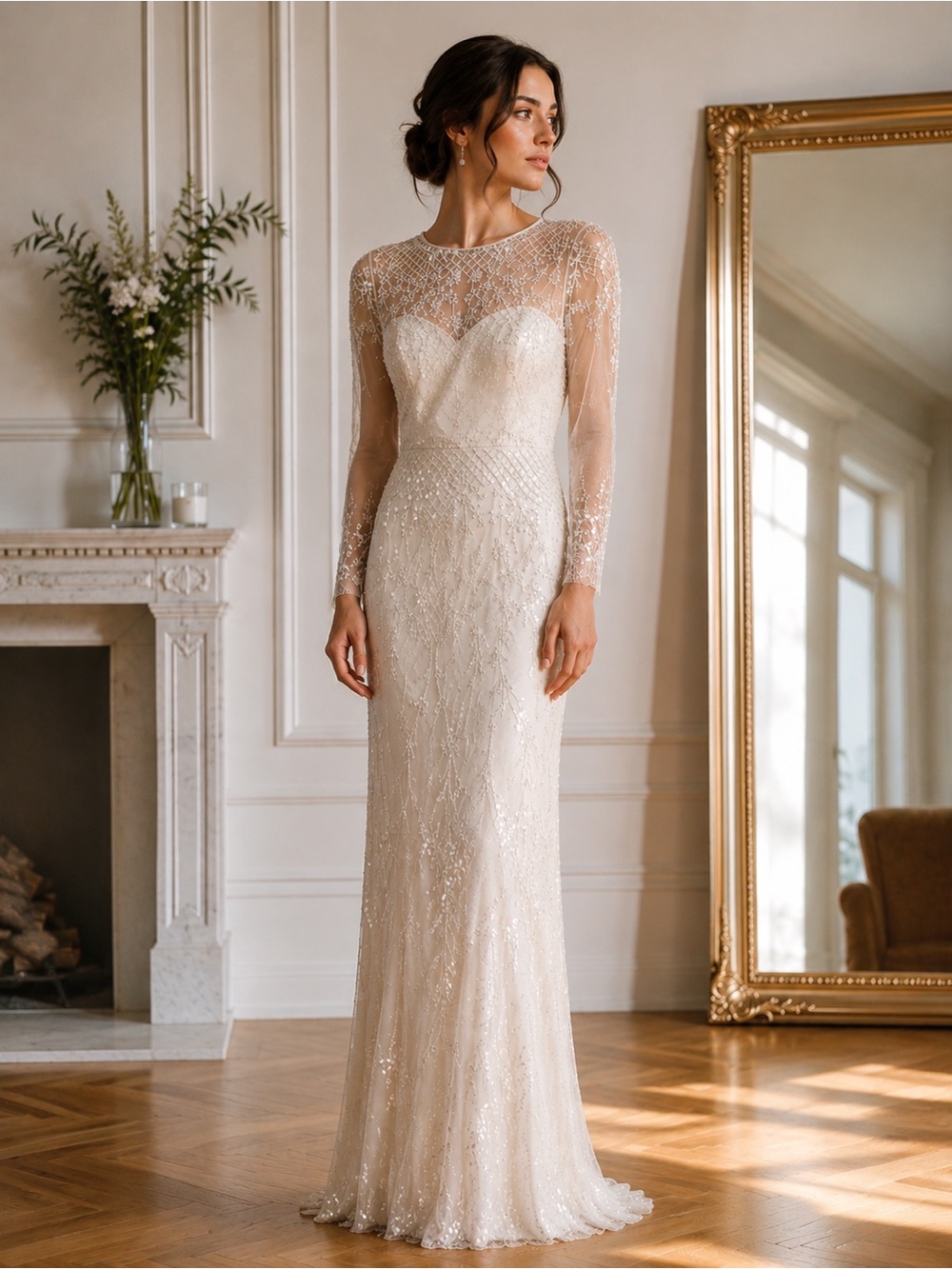 Adrianna Papell Pearl Ivory Beaded Sequin Wedding Dress Sheer Long Sleeve Gown